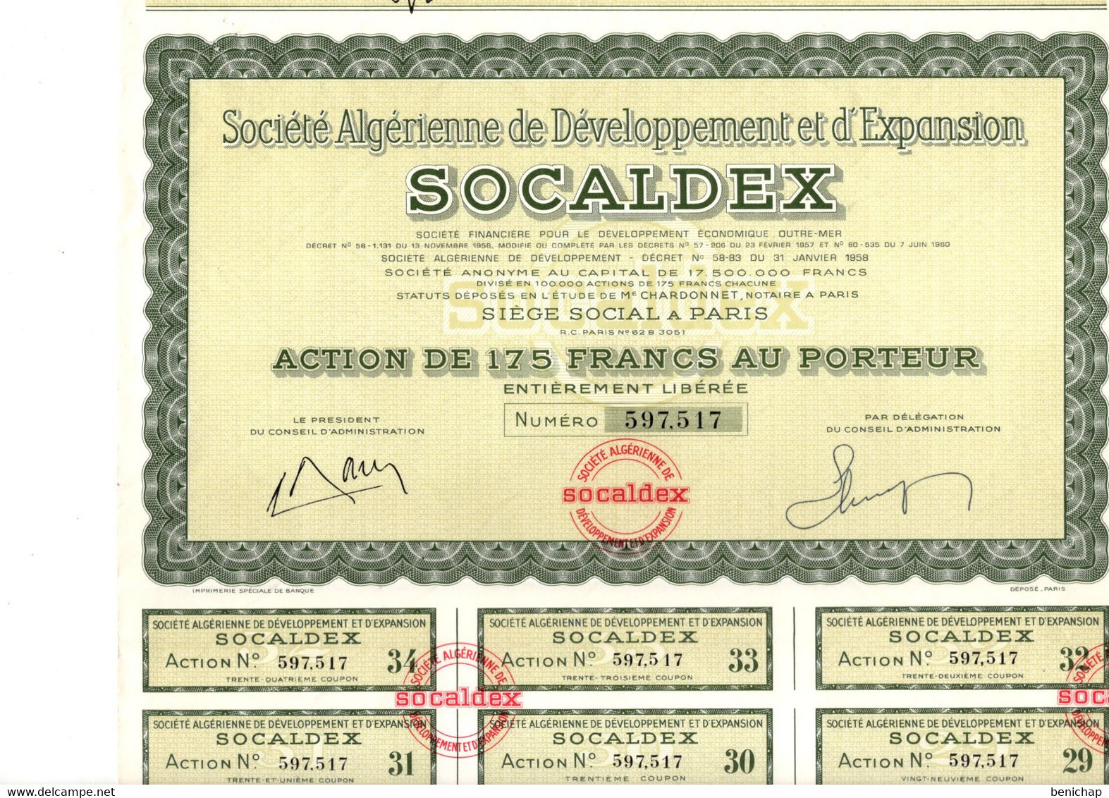 Action De 175 Frcs Au Porteur - Société Algérienne De Développement Et D'Expansion Outre-Mer - SOCALDEX - Paris 1958. - Bank & Versicherung