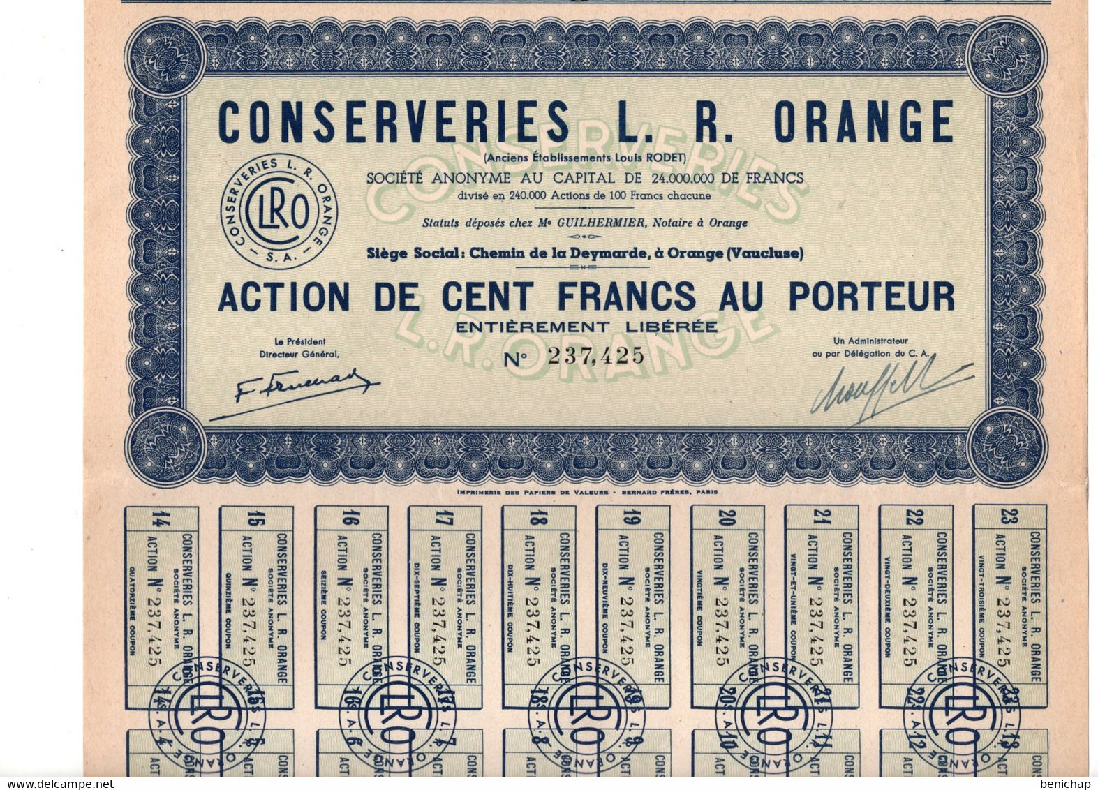 Action De 100 Frcs Au Porteur - Conserveries L. R. Oange S.A. - Louis Rodet - Orange - Vaucluse. - Industrie