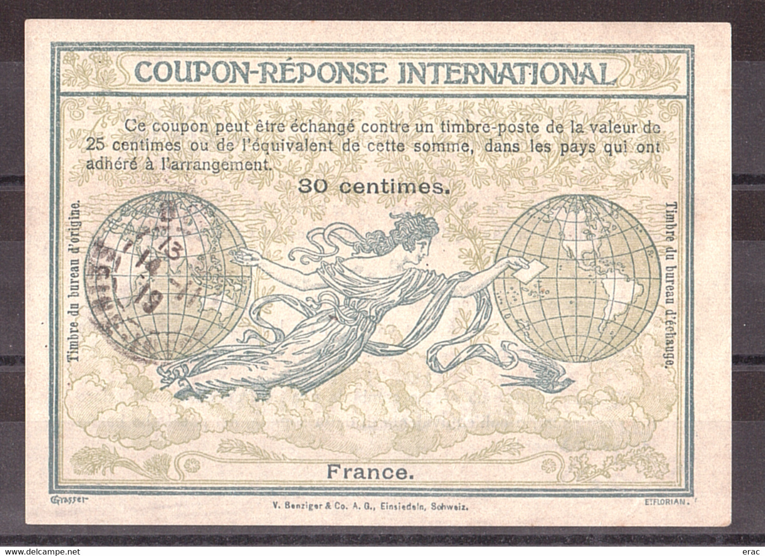 Coupon-réponse International - Type Rome - France 30 Cts - CàD Cercle Intérieur Tireté 14/11/1919 Seine-inférieure - Coupons-réponse