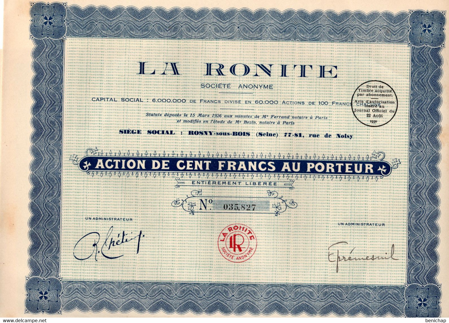 Action De 100 Frcs Au Porteur - La Ronite S.A. - Rosny-sous-Bois - Seine - 1930. - Industry