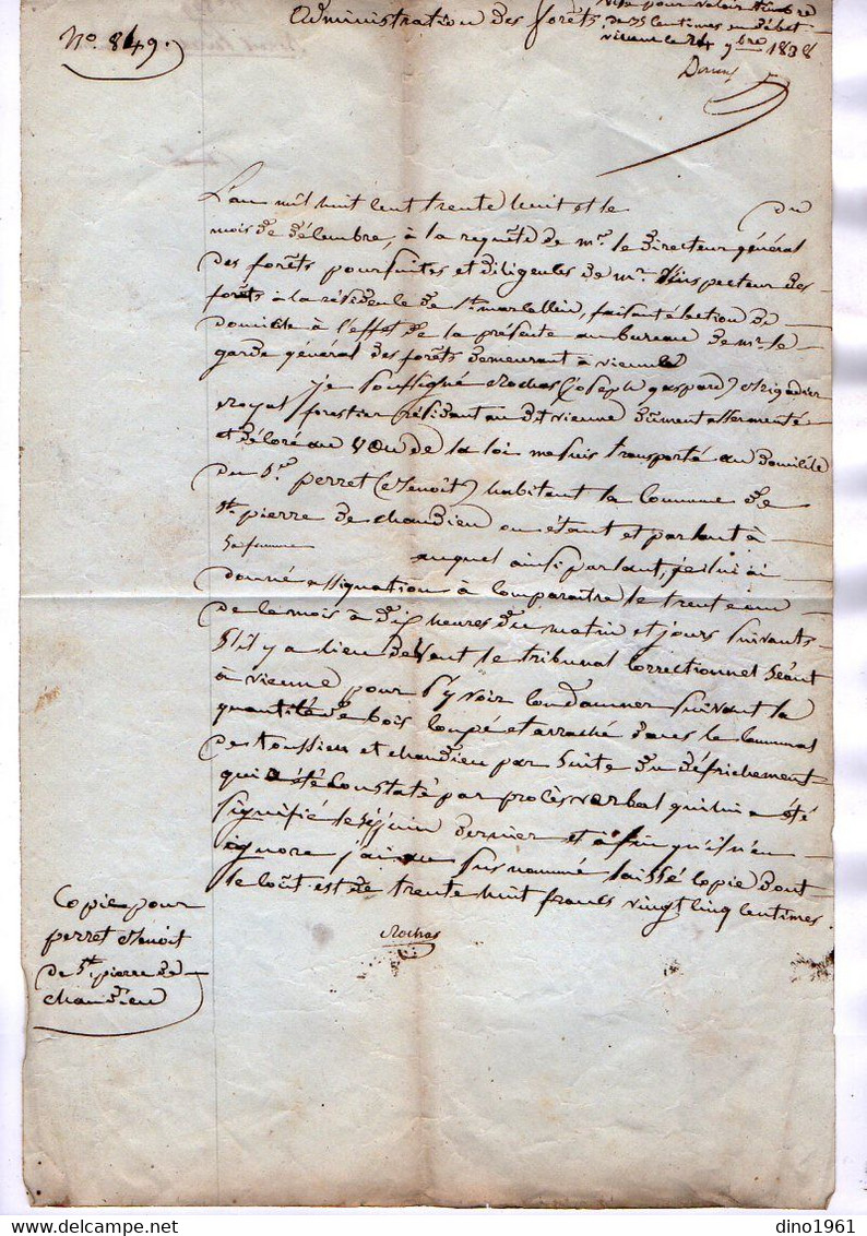 VP17.706 - MILITARIA - SAINT MARCELLIN X CHANDIEU 1838 - 2 Documents Concernant Le Garde Forestier ROCHAS à VIENNE - Documenti