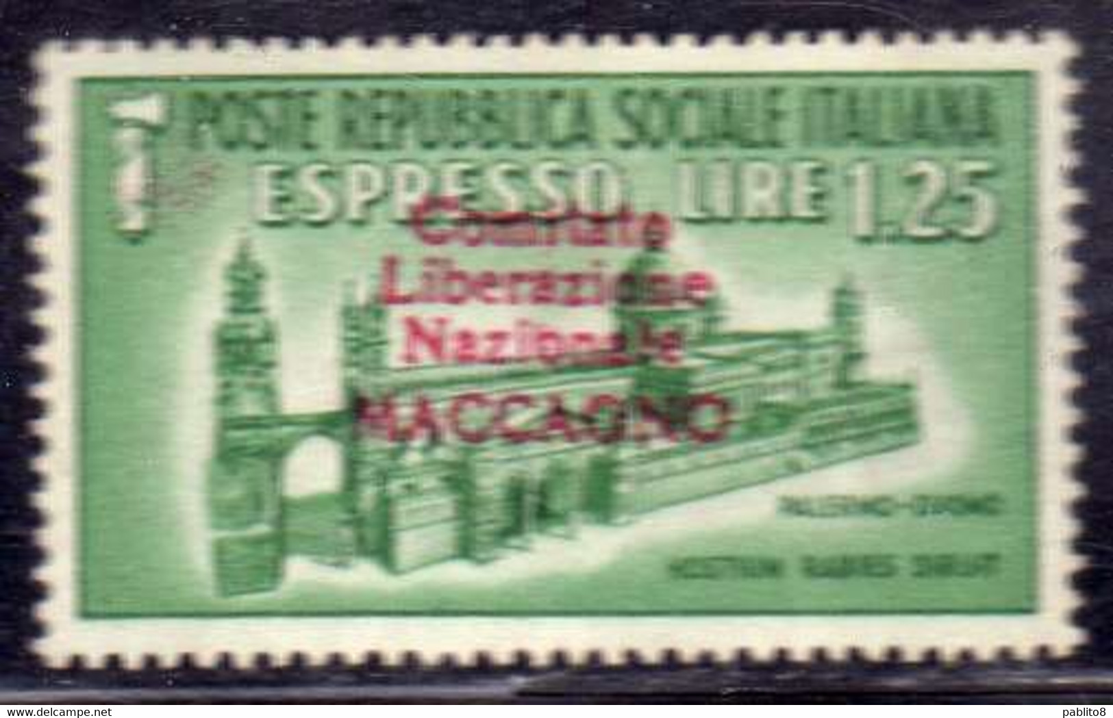 REPUBBLICA SOCIALE CLN MACCAGNO 1945 SAGGIO ESSAY ESPRESSO SOPRASTAMPA ROSSA RED OVERPRINT LIRE 1,25 MNH FIRMATO - Comite De Liberación Nacional (CLN)