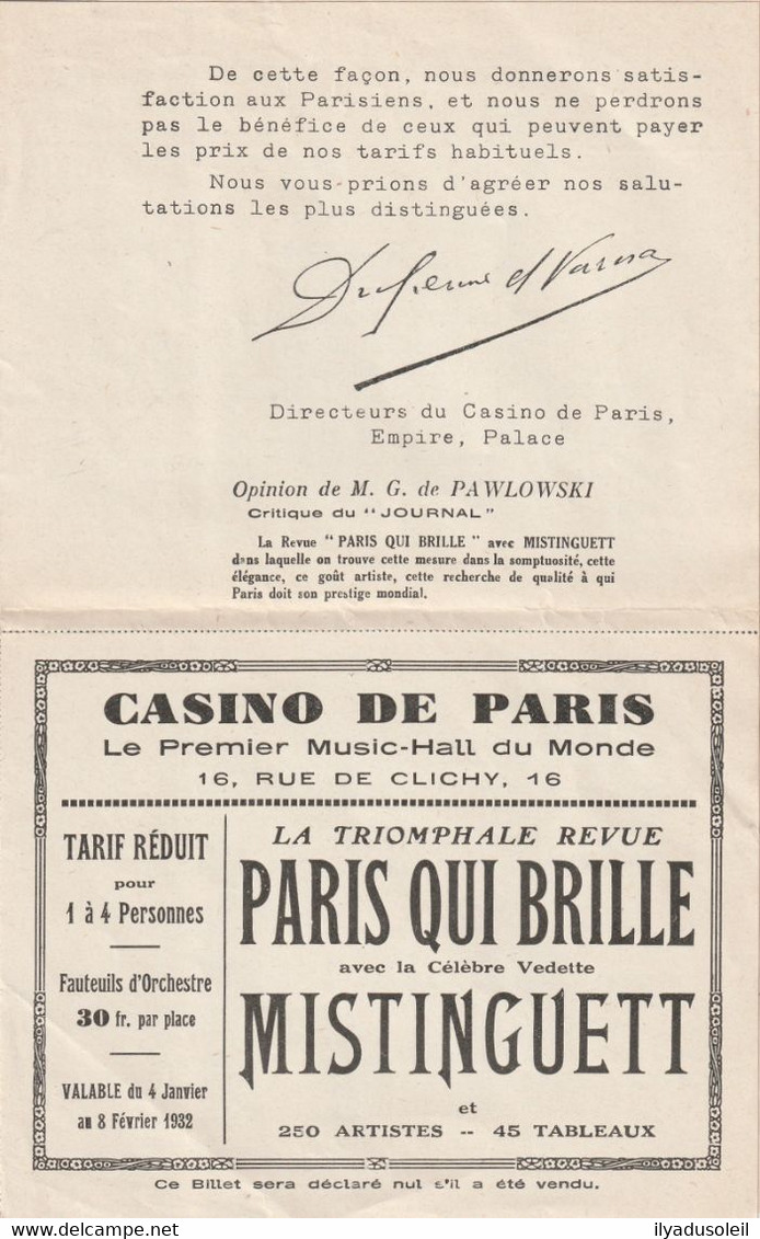 Lot De Papiers Casino De Paris Avec Mistinguett  ,theatre De La Madeleine ,alcazar De Paris Annee 30 - Advertising