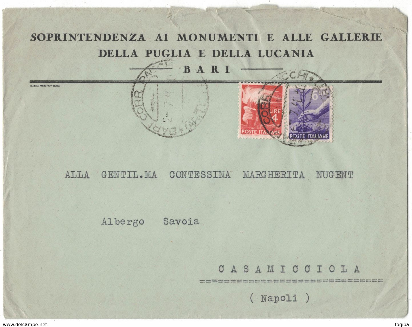 IW90   Storia Postale 1948 Democratica £.4 E £.6 Su Busta Bari Per Casamicciola - 1946-60: Marcofilie