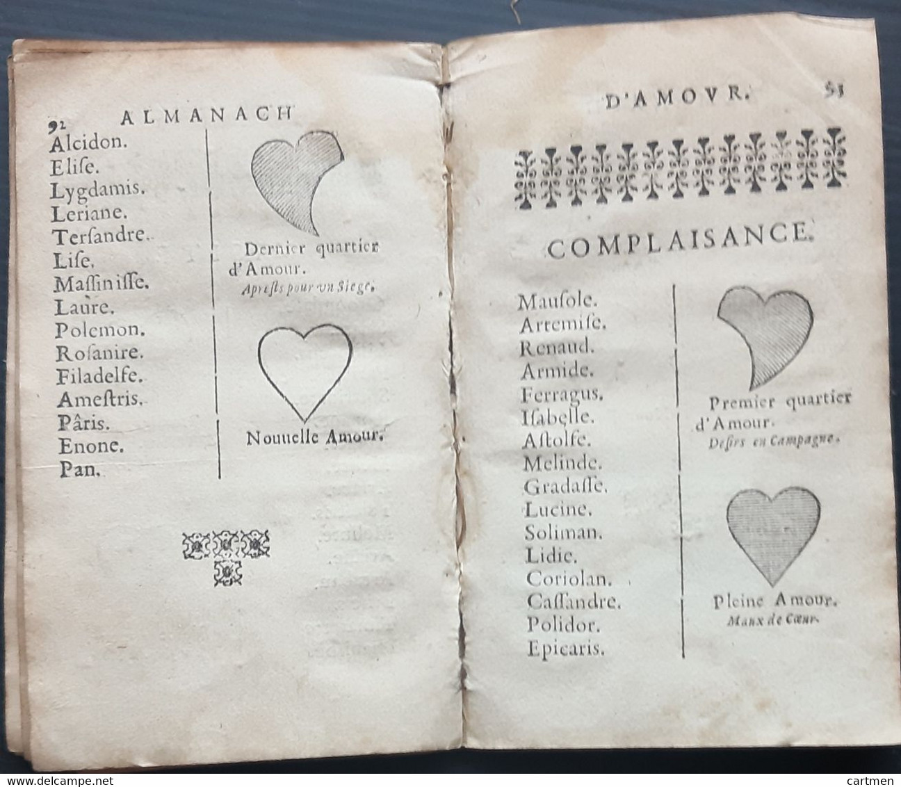 LIVRE ANCIEN ALMANACH  POESIE AMOUREUSE LIVRE D'EMBLEMES 17° BUSSY RABUTIN MAXIMES D'AMOUR 1664 CURIEUX CROQUIS DE COEUR