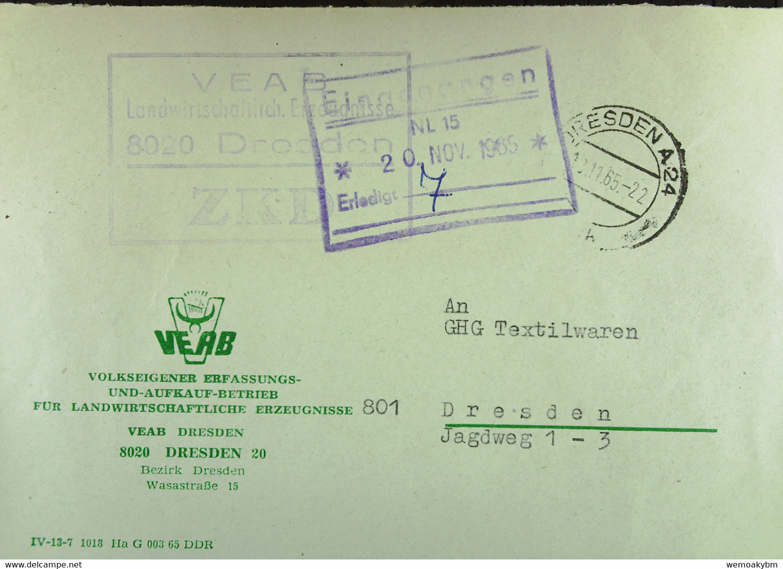 Orts-Brief ZKD-Kastenst. "VEAB Landwirtschaftl. Erzeugnisse 8020 Dresden" 18.11.65 An GHG Textil Dresden Mit Eing-Stpl. - Lettres & Documents