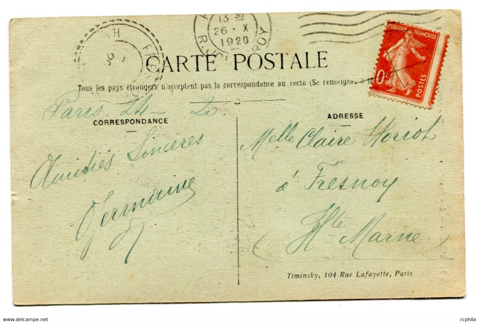 RC 19278 FRANCE 1920 SEMEUSE VARIÉTÉ JOLI PIQUAGE A CHEVAL SUR CARTE POSTALE DE PARIS - 1877-1920: Semi-Moderne