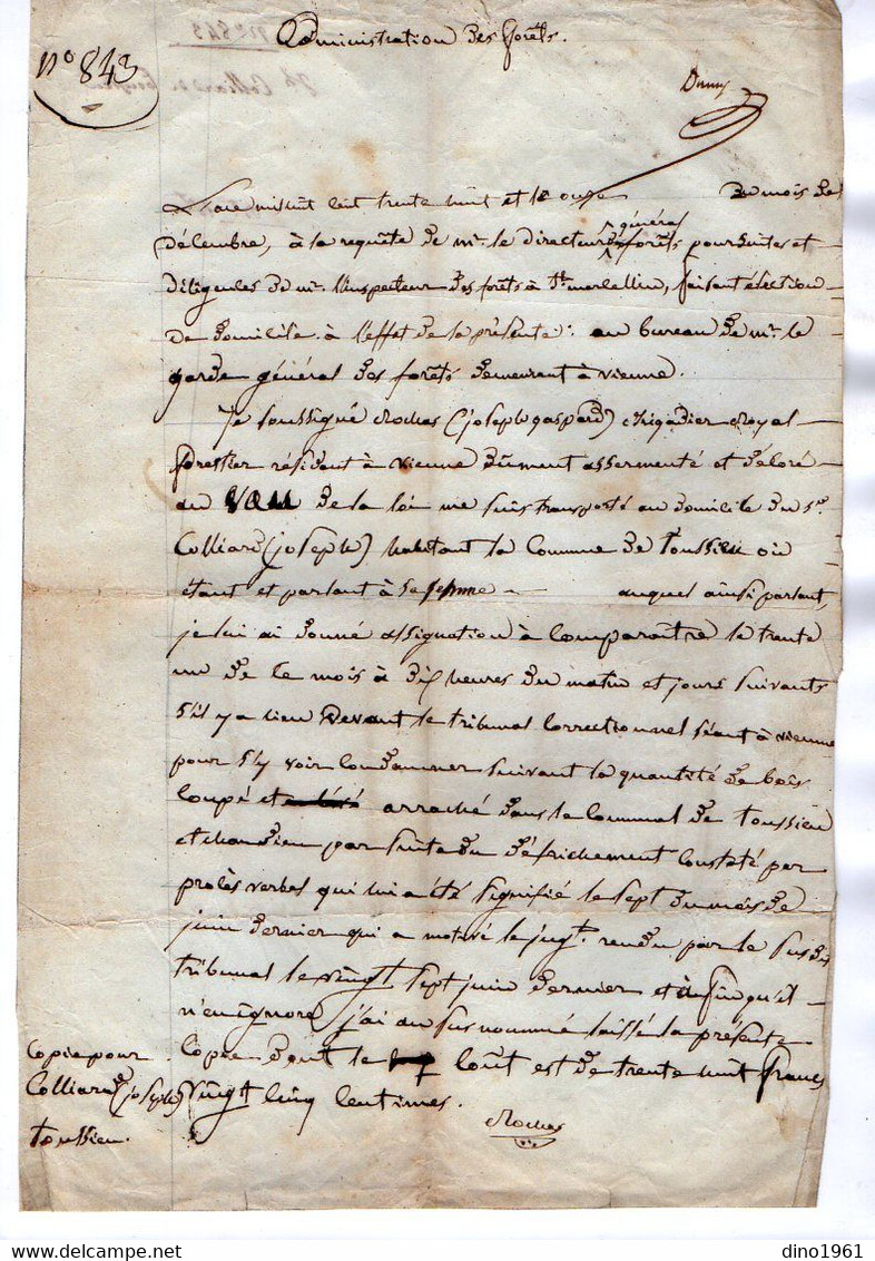 VP17.711 - MILITARIA - SAINT MARCELLIN X TOUSSIEU 1838 - 2 Documents Concernant Le Garde Forestier ROCHAS à VIENNE - Documents