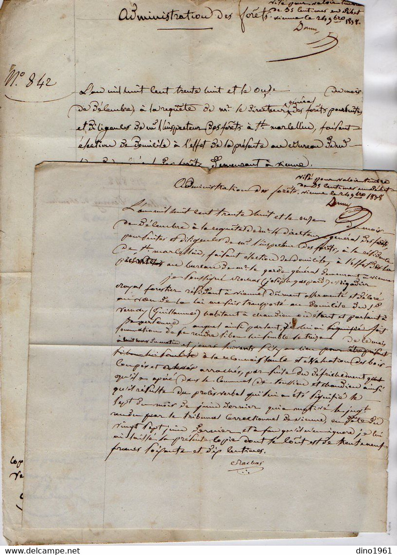 VP17.712 - MILITARIA - SAINT MARCELLIN X CHANDIEU 1838 - 2 Documents Concernant Le Garde Forestier ROCHAS à VIENNE - Dokumente