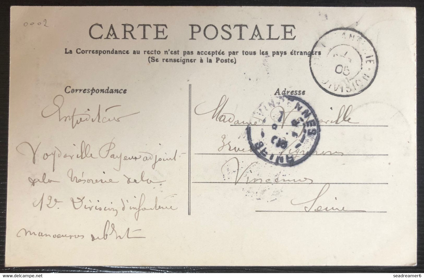 Carte Postale Vitry Le François Tarif à 5c Blanc 1905 N° 111 Obl Dateur Infanterie 12e Division Pour Vincennes R - 1900-29 Blanc