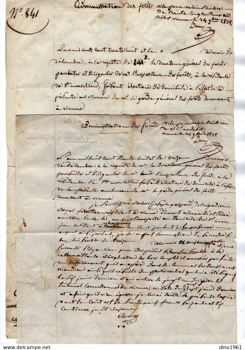 VP17.713 - MILITARIA - SAINT MARCELLIN X CHAPONNAY 1838 - 2 Documents Concernant Le Garde Forestier ROCHAS à VIENNE - Dokumente