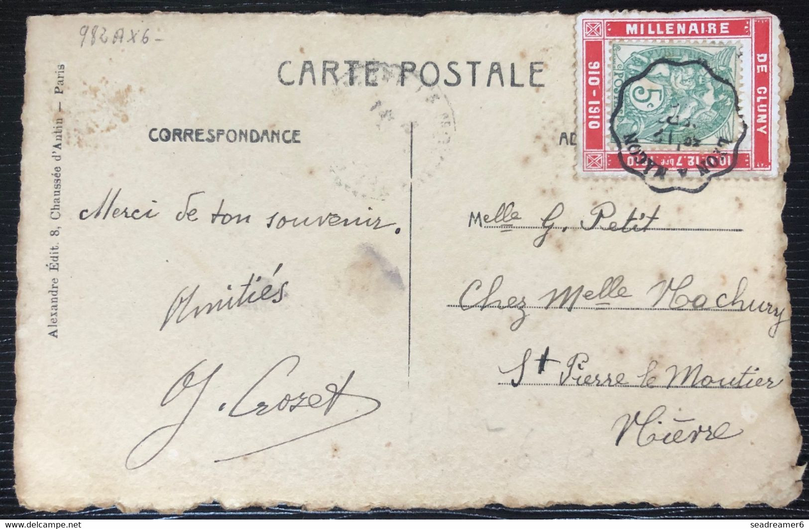 Carte Postale 1910  Porte Timbre Du Millenaire De Cluny Avec 5c Blanc N° 111 Obl Dateur Ambulant Ligne Lyon à Macon RR - 1900-29 Blanc