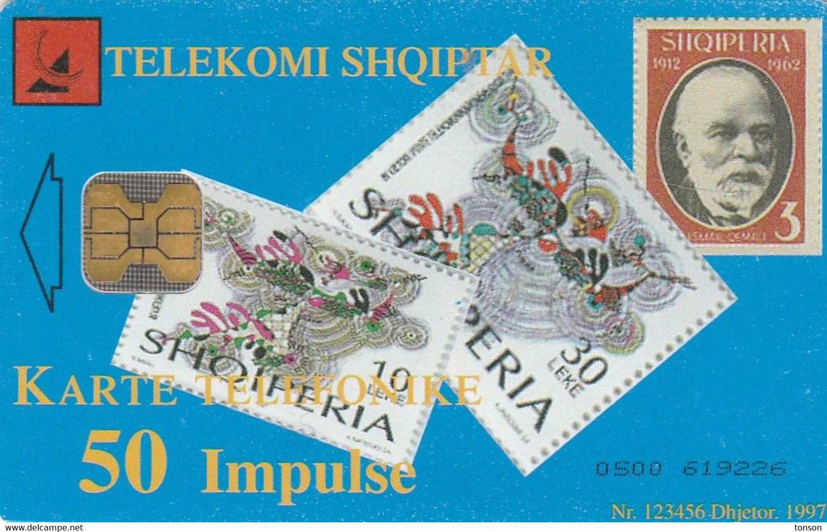 Albania, ALB-18, 50 Imp., 85 Years Ptt , Stamps And Old Telephone, 12.1997, 2 Scans - Albanien