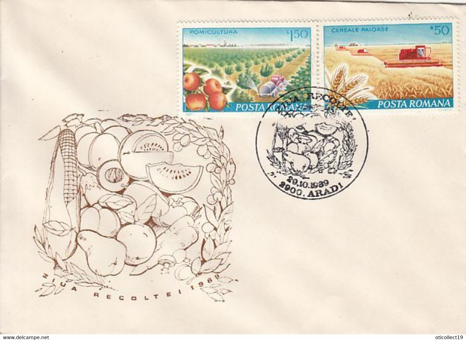 AGRICULTURE, HARVEST DAY, FRUITS, VEGETABLES, GRAINS, TRACTOR, HARVESTER, SPECIAL COVER, 1989, ROMANIA - Agriculture