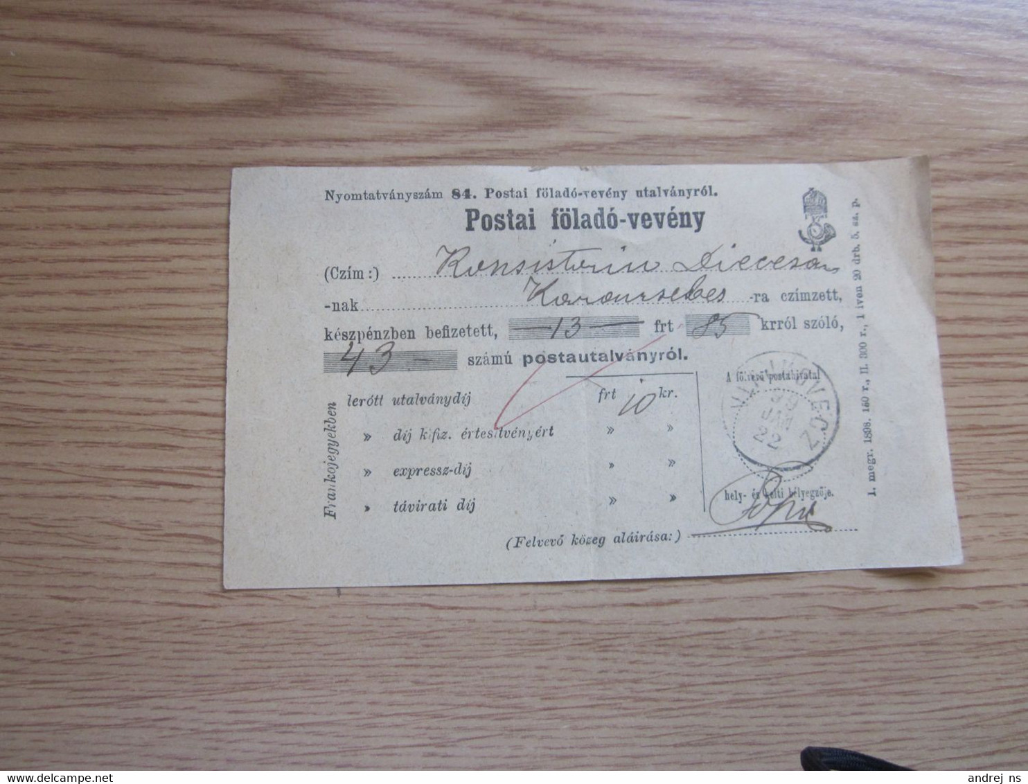 Postai Felado Veveny Versecz 1899 - Banat-Bacska