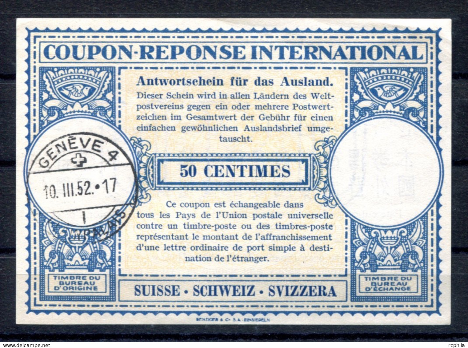 RC 19287 SUISSE 1952 COUPON RÉPONSE TYPE LONDRES A 50c OBL. GENEVE 4 PLAINPALAIS - Ganzsachen