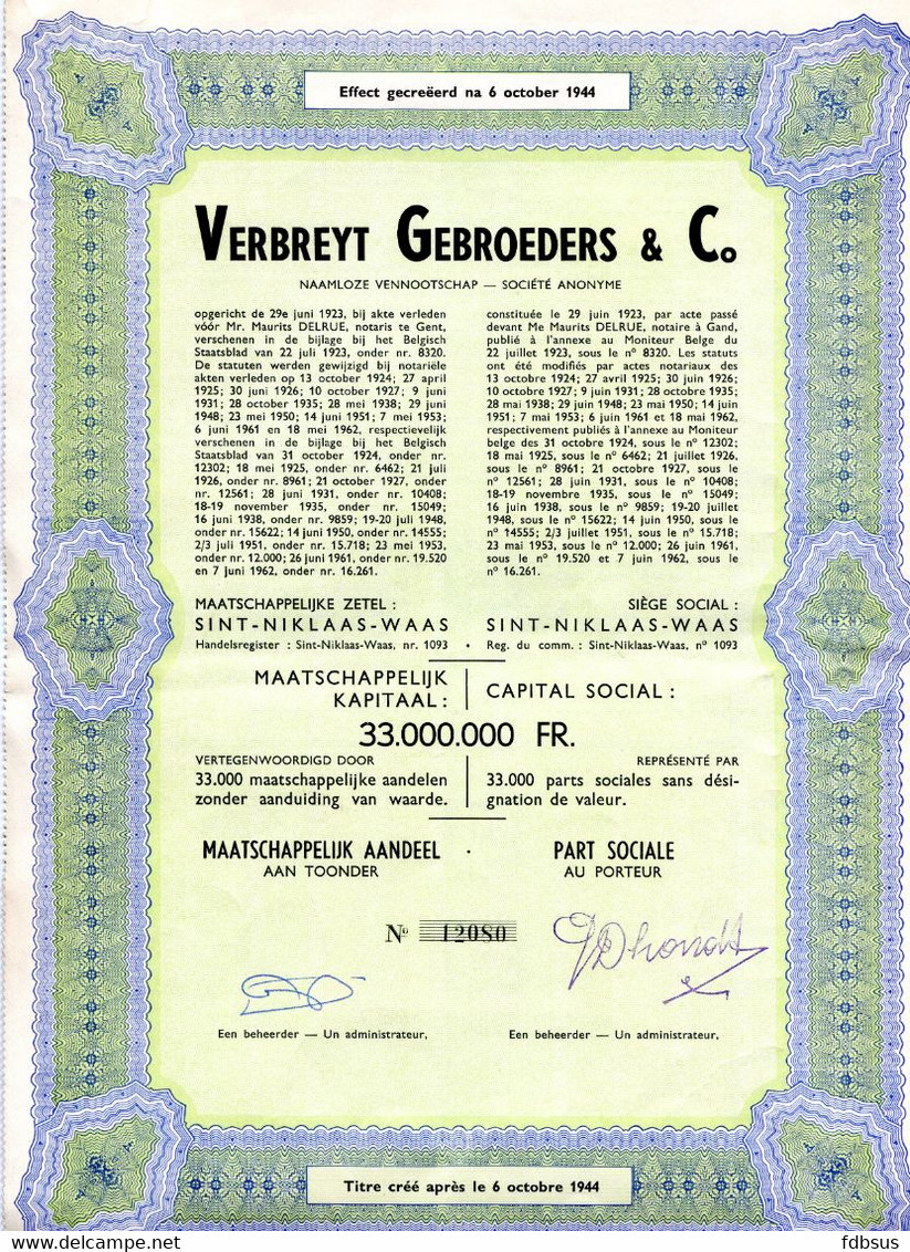 1944  Effect  VERBREYT GEBROEDERS & Co - Sint Niklaas - Handel In Alle Breigoederen - Textiel