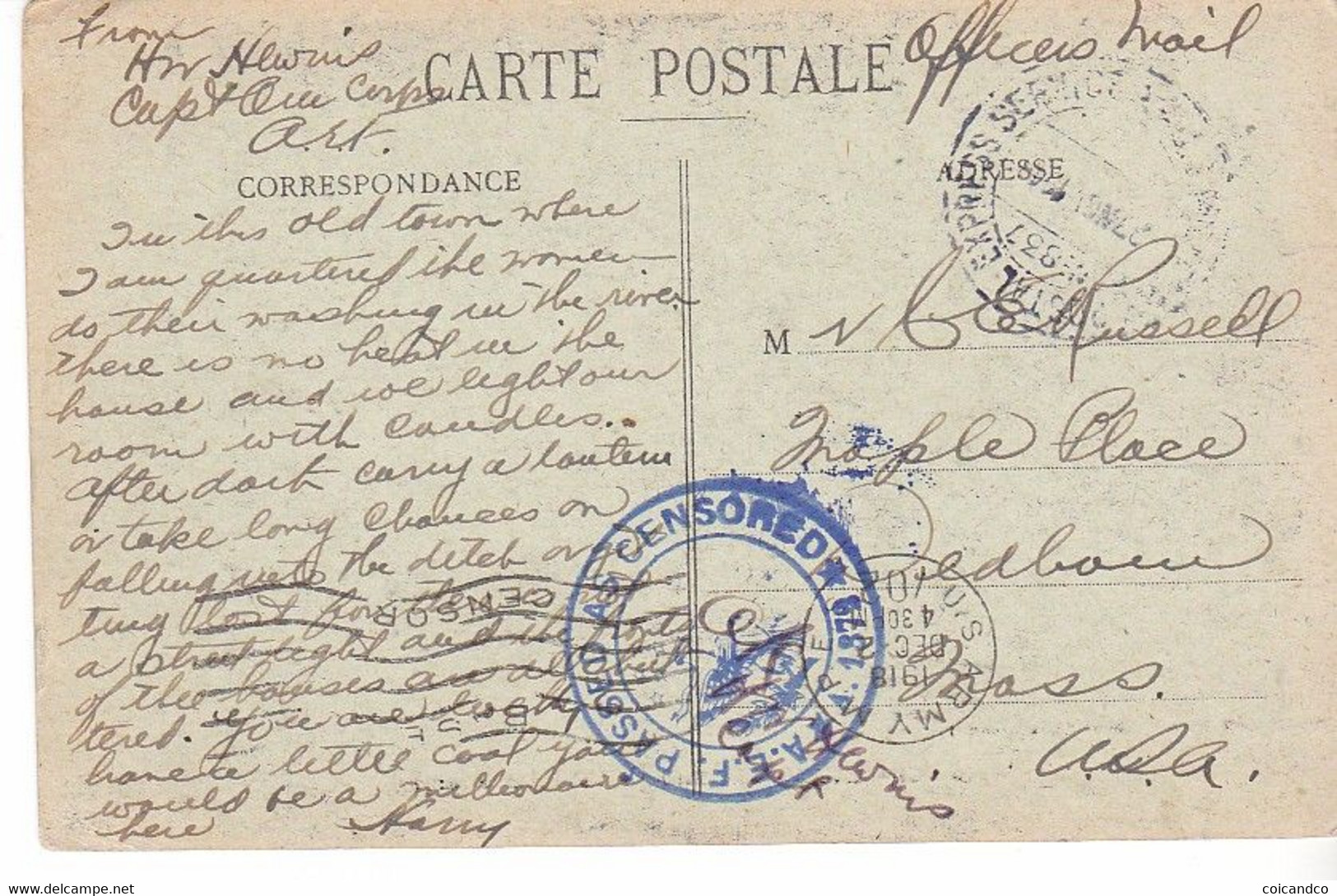 CPA Old Pc France Chateau Sur Loir Troglodyte WW1 USA 27/11/1918 Censored Officer Mail - Altri & Non Classificati