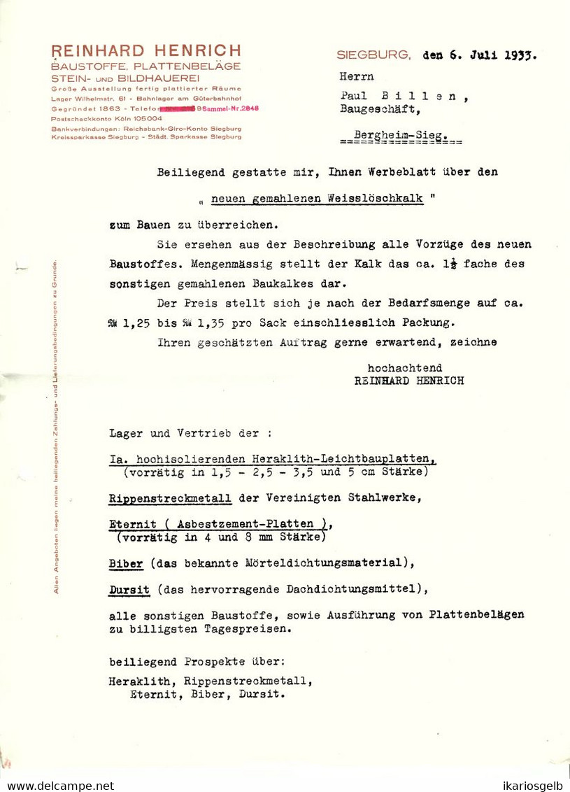 Siegburg 1933 Rechnung " Reinhard Henrich Baustoffe Plattenbeläge Stein- Und Bildhauerei Wilhelmstr.61 " - Trasporti