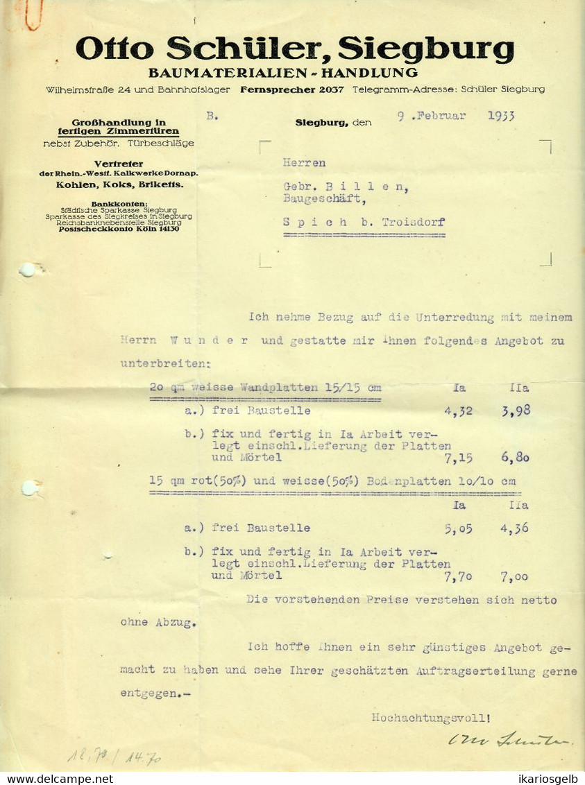 Siegburg 1933 Rechnung " Otto Schüler Baumaterialienhandlung Wilhelmstr.24 " - Verkehr & Transport