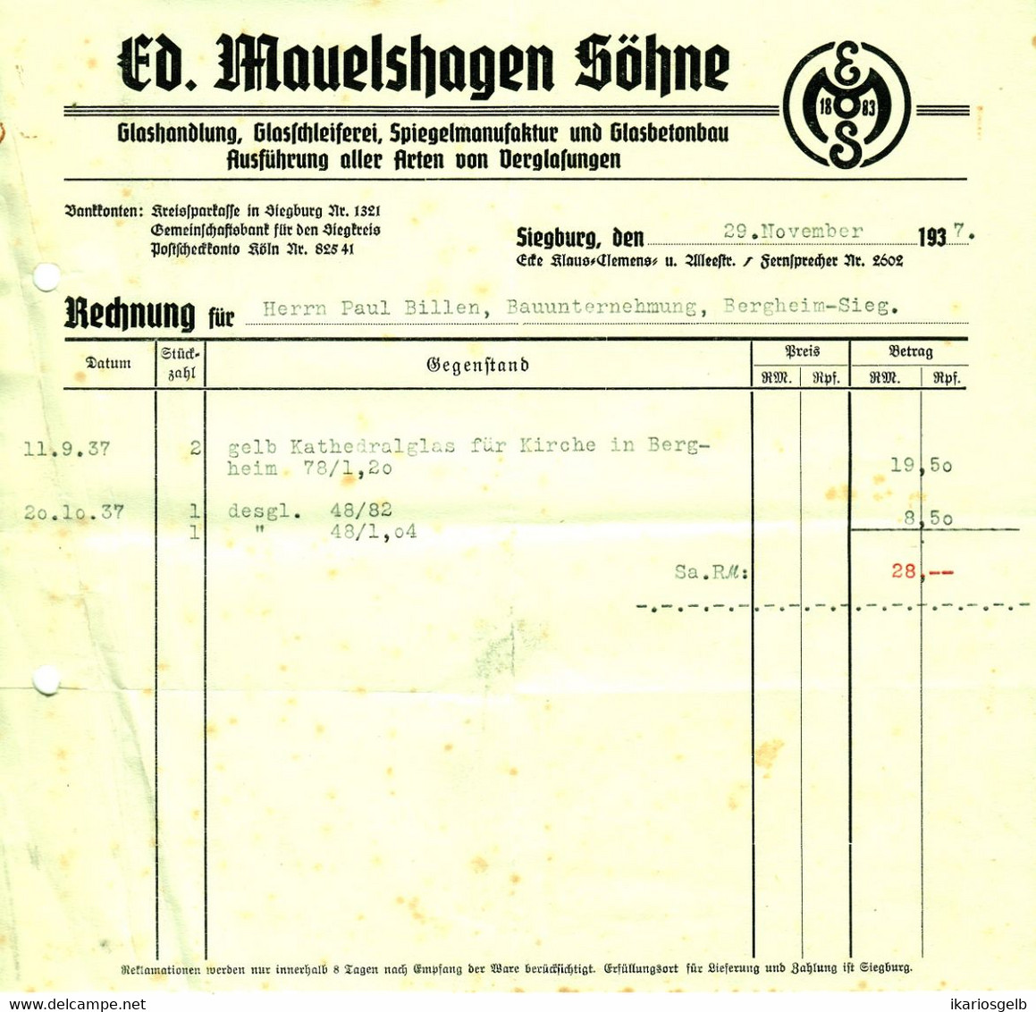 Siegburg 1937 Rechnung " Ed. Mauelshagen Söhne Glashandlung Schleiferei Spiegel Verglasungen " - Trasporti