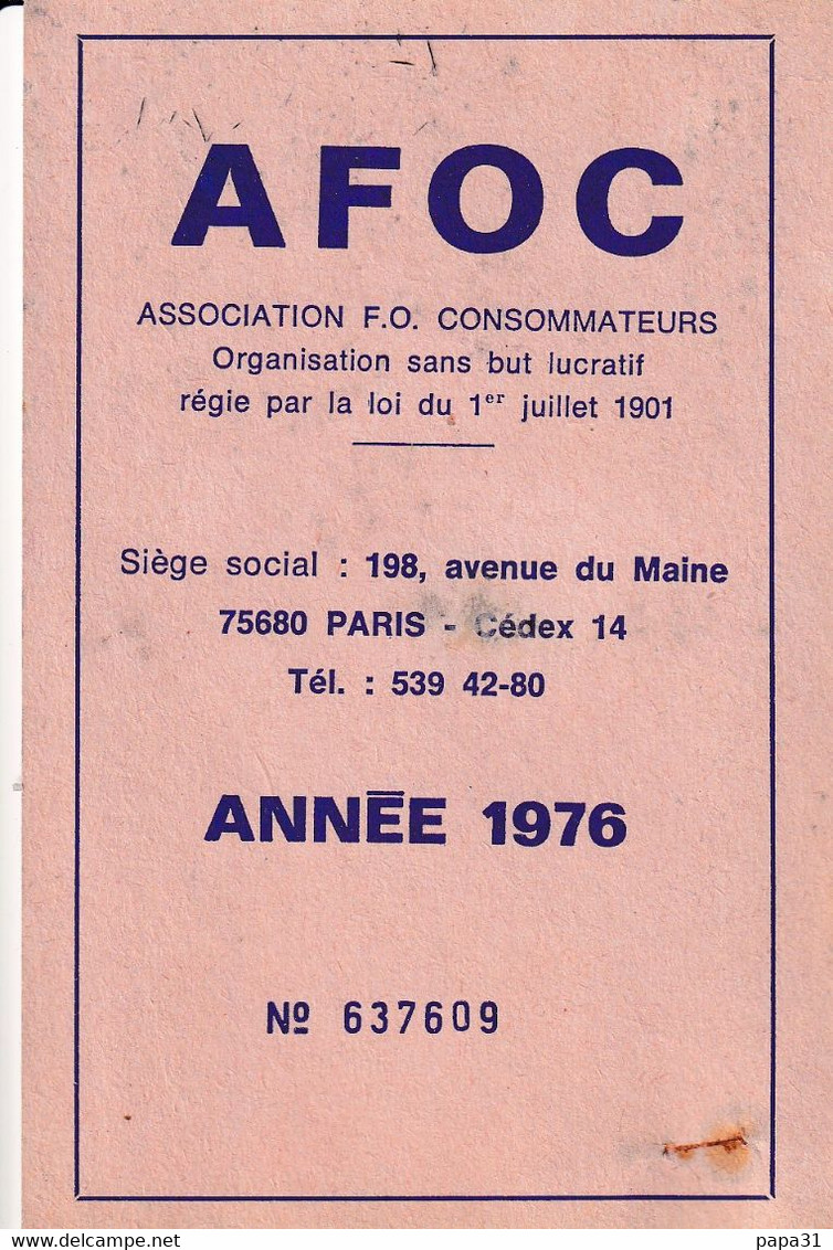 AF0C   ASSOCIATION DES CONSOMMATEURS   CARTE D'ADHERENT  1976 - Labor Unions