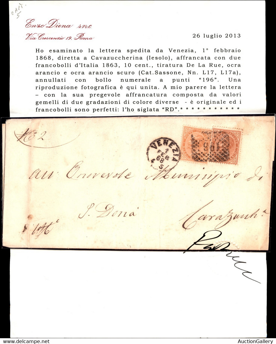 REGNO - VITTORIO EMANUELE I - Due 10 Cent De La Rue (L17+L17a) Di Colori Diversi - Piego Da Venezia A Cavazuccherina Del - Sonstige & Ohne Zuordnung