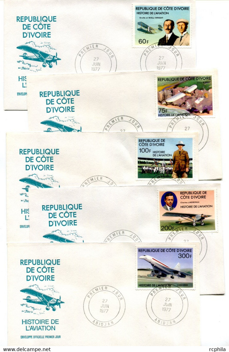 RC 19296 COTE D'IVOIRE N° 424 / 428 HISTOIRE DE L'AVIATION DONT CONCORDE 1977 FDC 1er JOUR - TB - Vliegtuigen