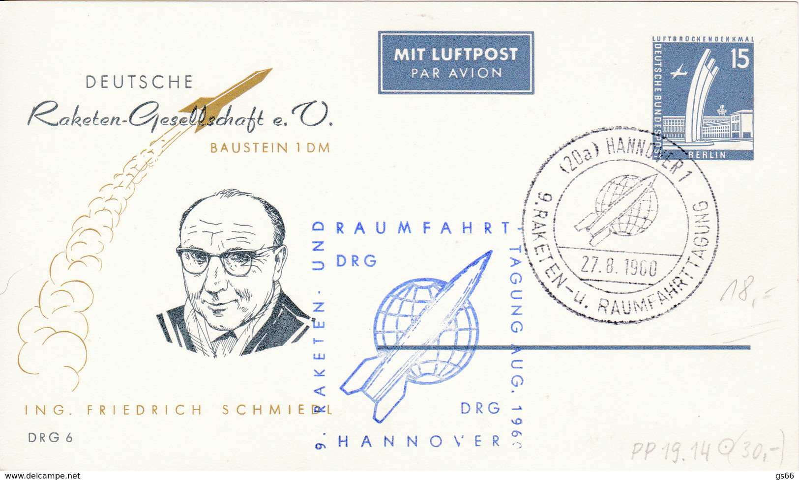 Berlin, PP 019 B1/004c, DRG 6, Deutsche Raketen-Gesellschaft - Postales Privados - Usados