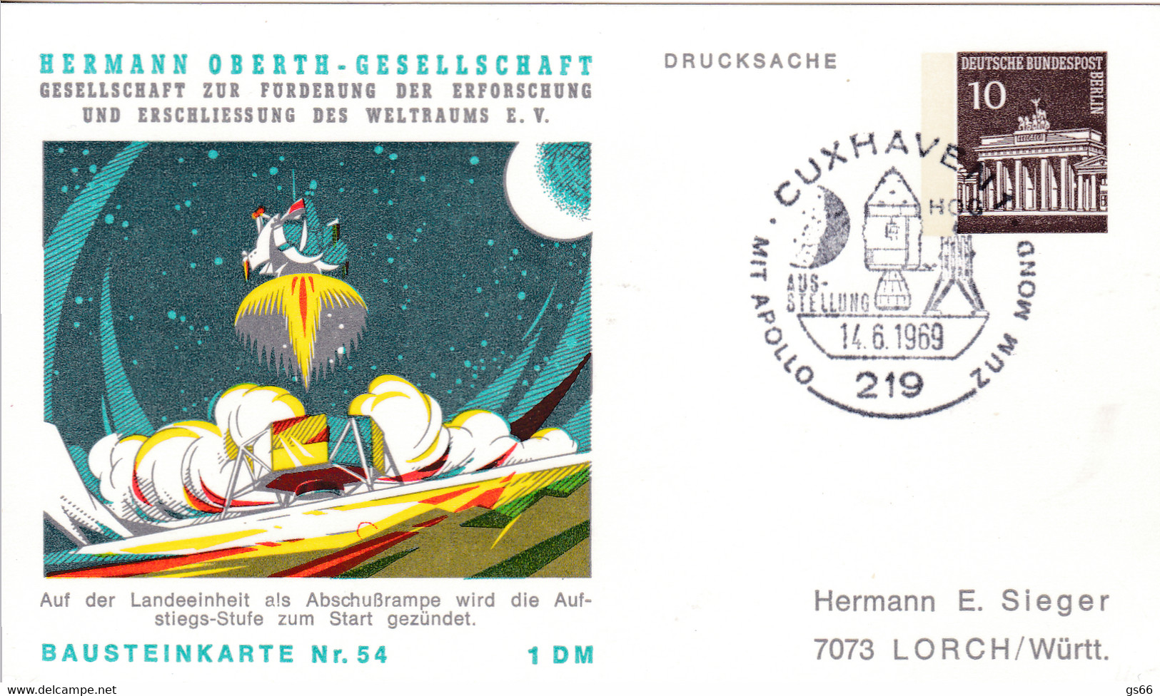 Berlin, PP 040 B1/011b, HERMANN OBERTH GESELLSCHAFT, BAUSTEINKRTE Nr. 54 - Cartes Postales Privées - Oblitérées