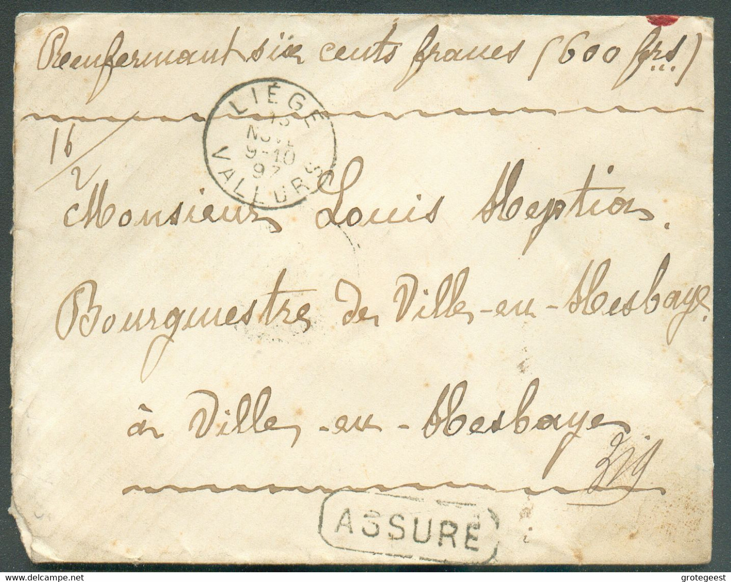N°56-62  - 5c. Vert + 50c.. Bistre Obl. Sc LIEGE (VALEURS) Sur Enveloppe ASSURE (griffe Encadrée) Manuscrit "Valeur 600 - 1893-1900 Barba Corta