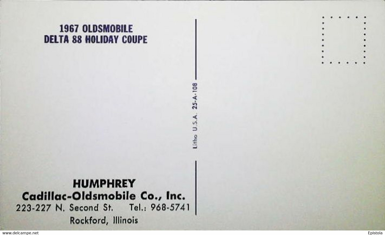 ► OLDSMOBILE Delta 88 Holiday Coupe  - HUMPHREY Garage ROCKFORD Illinois - Automobile Publicity (Litho. U.S.A.) Roadside - American Roadside