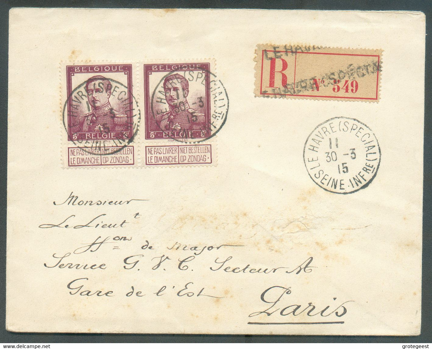 N°122(paire) - 5Fr. PELLENS En Paire, Obl Sc LE HAVRE (SPECIAL) Sur Lettre Recommandée Du 30-3-1915 Vers Paris.  COB 550 - 1912 Pellens