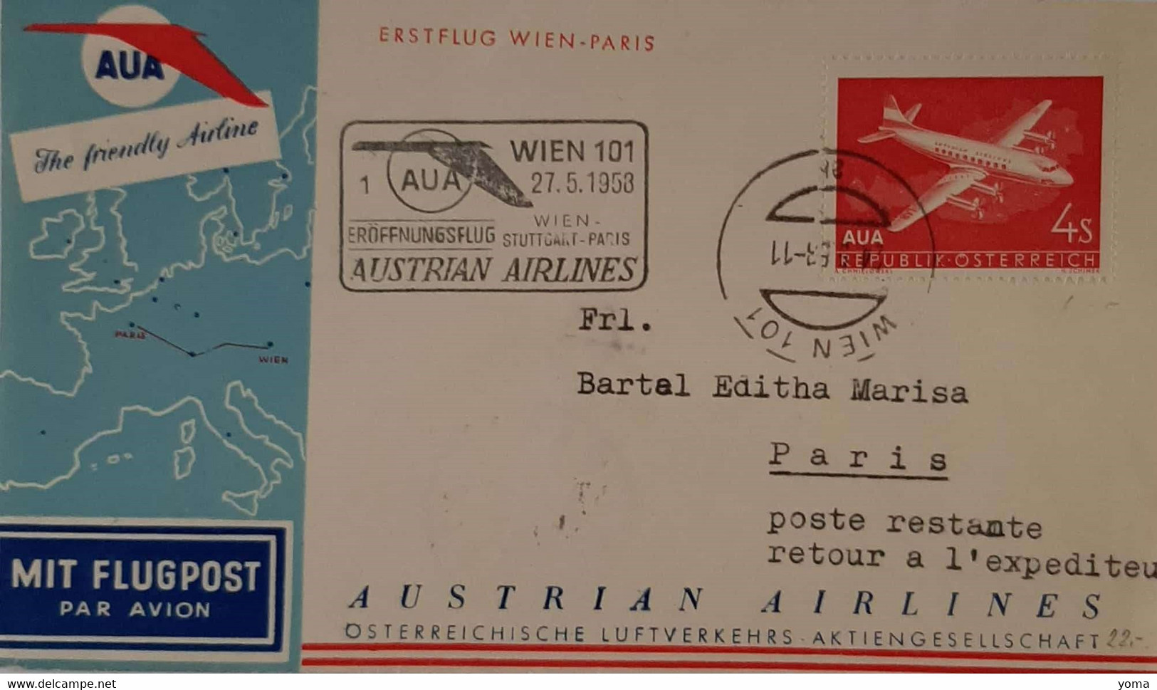 PA N° 61        Premier Vol Wien (Vienne) - Paris Du 27.05.1958 - Eerste Vluchten