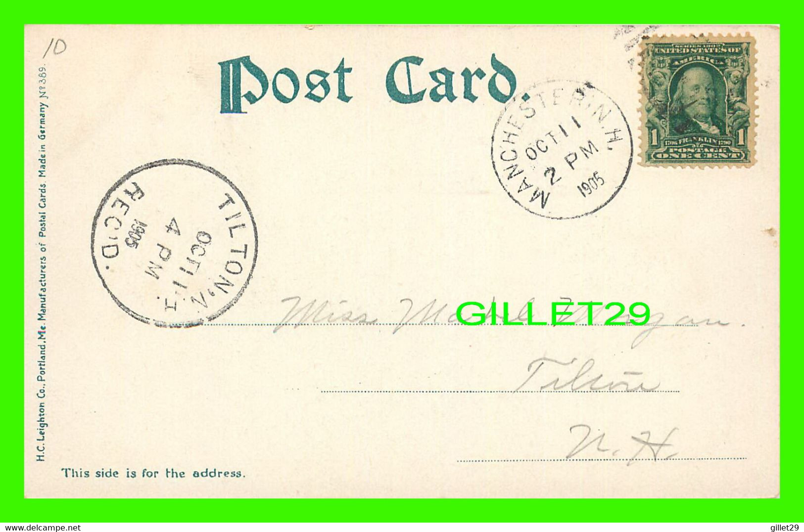 MANCHESTER, NH - POST OFFICE - TRAVEL IN 1905 -  H.C. LEIGHTON CO - UNDIVIDED BACK - - Manchester