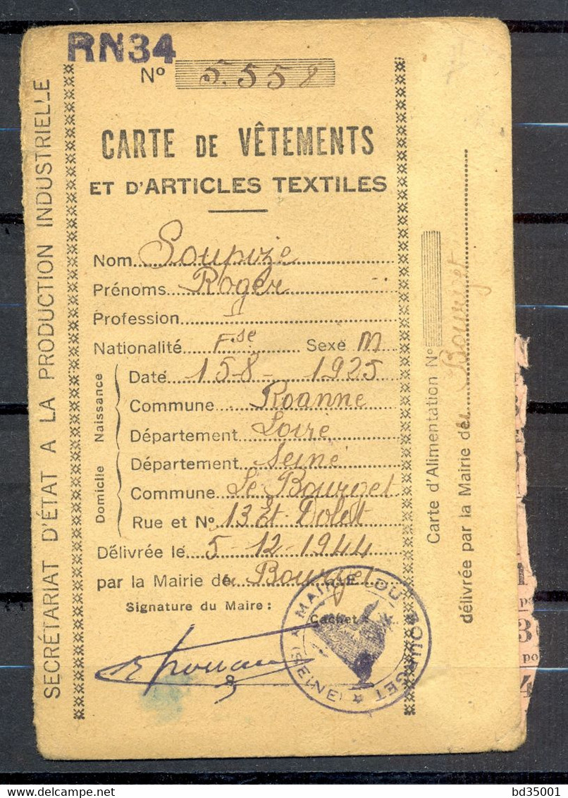 Carte De Vetements Et D'Articles Textiles Avec Coupons - LE BOURGET SEINE - 5/12/1944 - (1) - Documentos Históricos