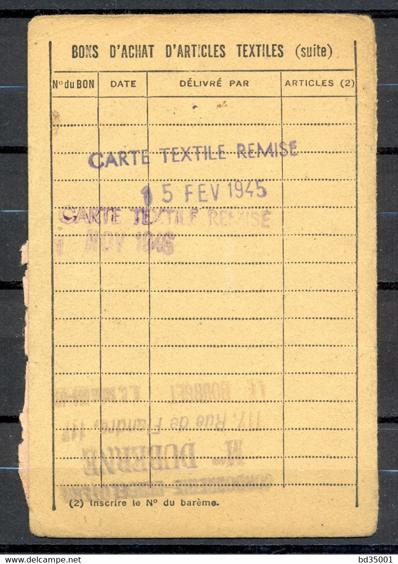 Carte De Vetements Et D'Articles Textiles Avec Coupons - LE BOURGET SEINE - 5/12/1944 - (1) - Documentos Históricos