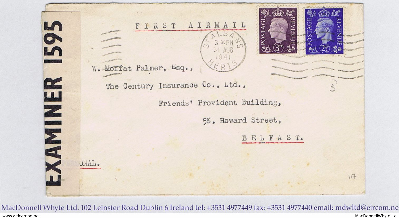 Ireland Airmail Censor Acceleration 1941 Liverpool To Belfast Wartime Civilian First Flight, Cover St Albans Paid 3d Air - Poste Aérienne