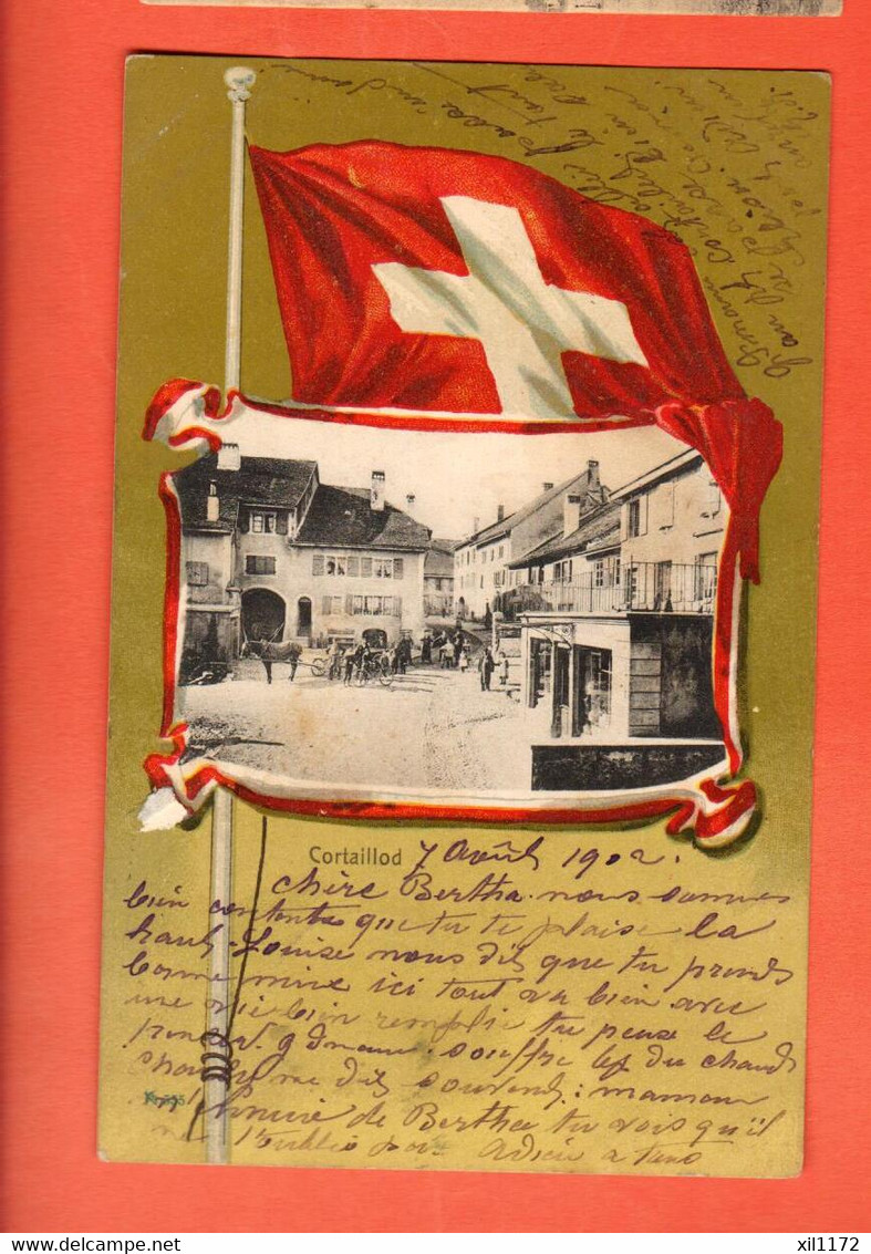 ZBV-02 RARE Litho Cortaillod Place Du Village Attelage Et Drapeau Suisse. Circ. 1902 Précurseur - Cortaillod