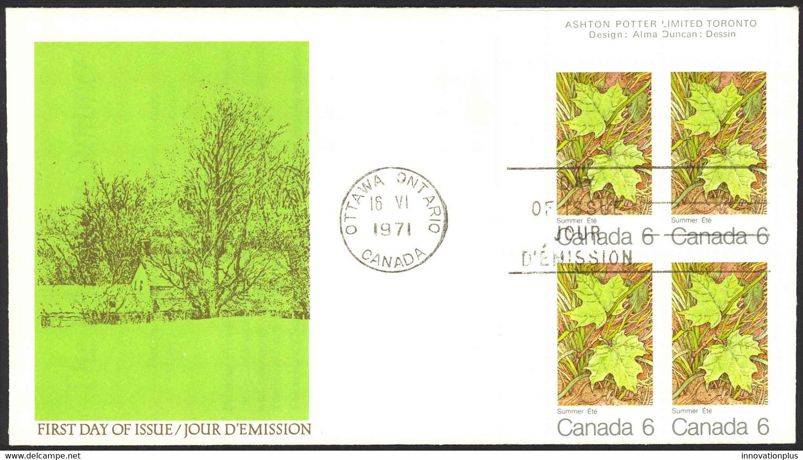 Canada Sc# 536 FDC Inscription Block 1971 06.16 Maple Leaves - Summer - 1971-1980