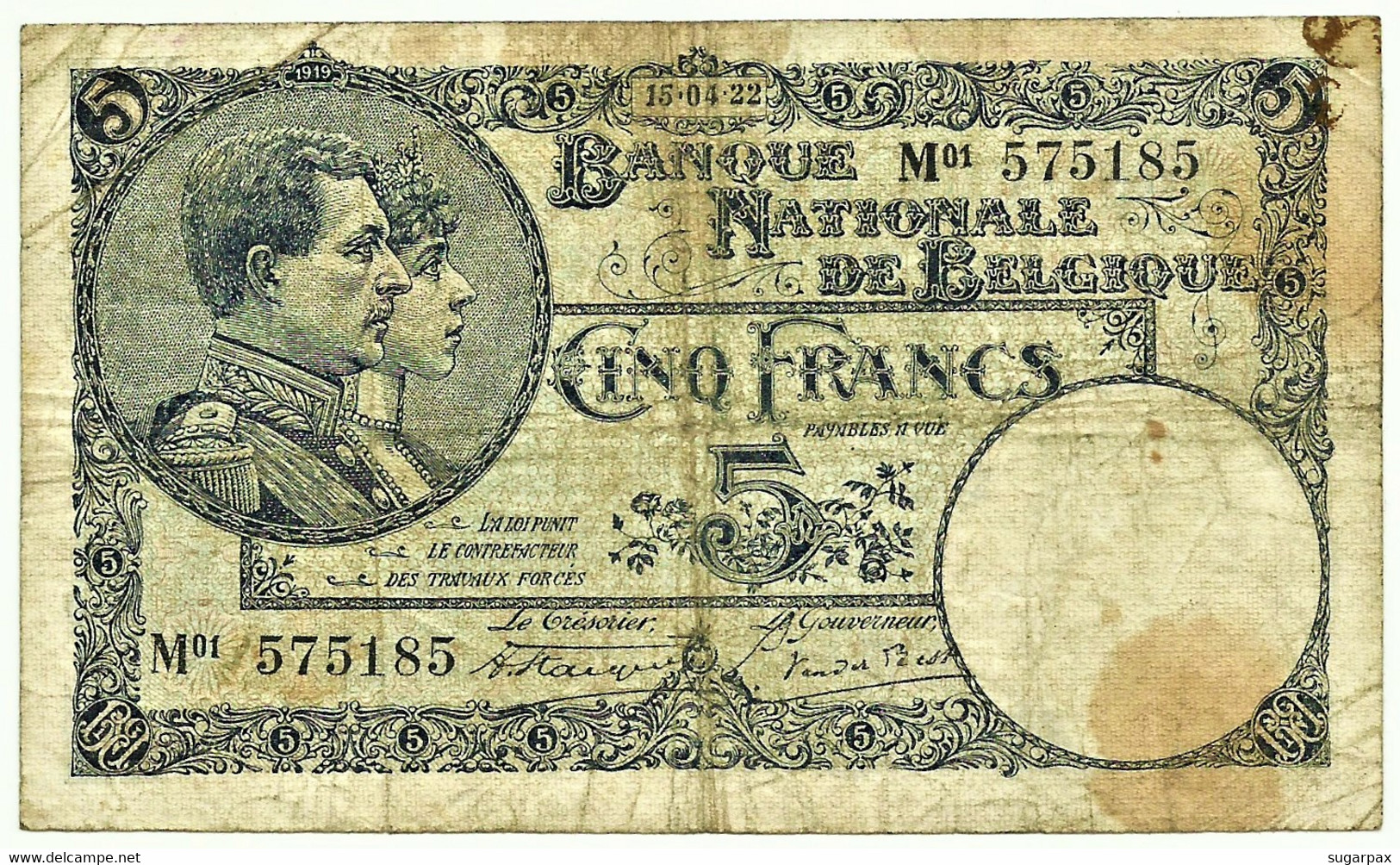 Belgium - 5 Francs - 15.04.1922 - Pick 93 - Serie M 01 - Belgie Belgique - 5 Franchi