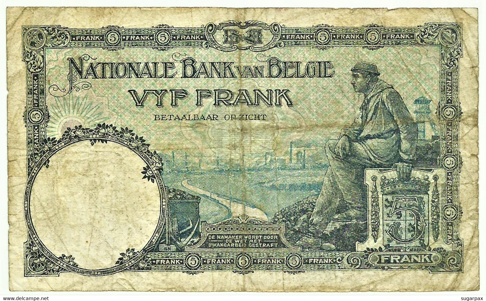 Belgium - 5 Francs - 28.04.1922 - Pick 93 - Serie W 01 - Belgie Belgique - 5 Francos