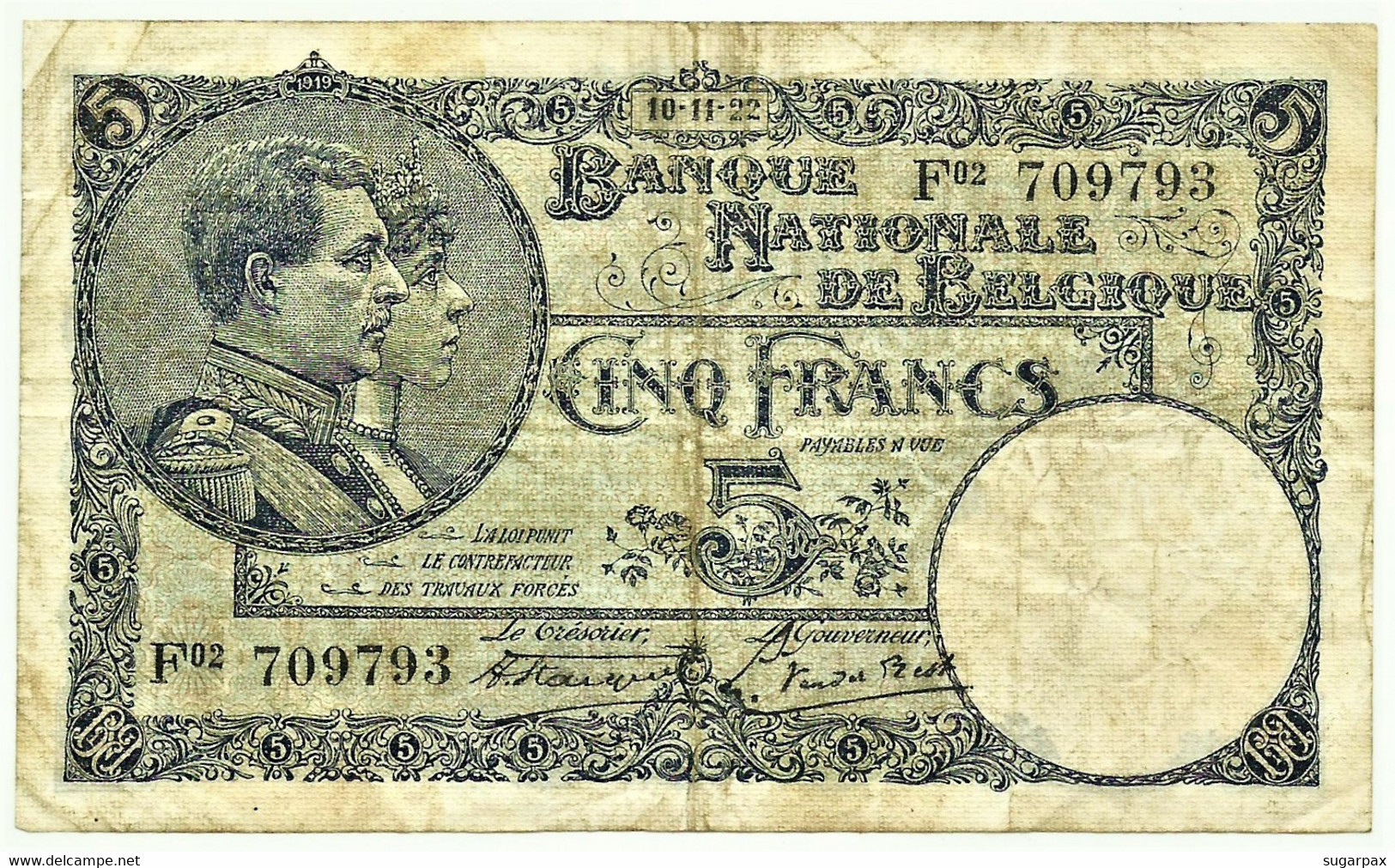 Belgium - 5 Francs - 10.11.1922 - Pick 93 - Serie F 02 - King Albert & Queen Elizabeth - Belgie Belgique - 5 Francs