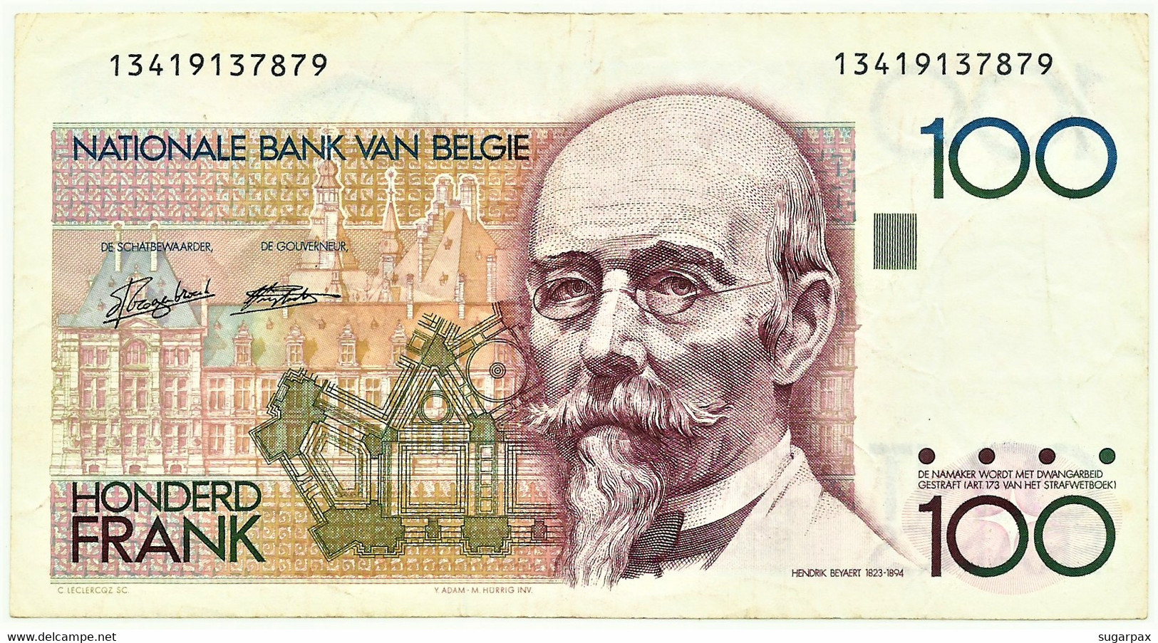 Belgium - 100 Francs - ND ( 1989 - 1992 ) - Pick 142 - Sign. 5 And 14 - Hendrik Beyaert - 100 Francs