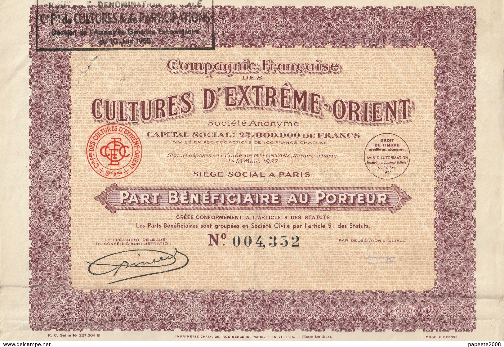 Indochine - Cie Française Des Cultures D'Extrême-Orient / Capital De 25 000 000 F / PB - Asie