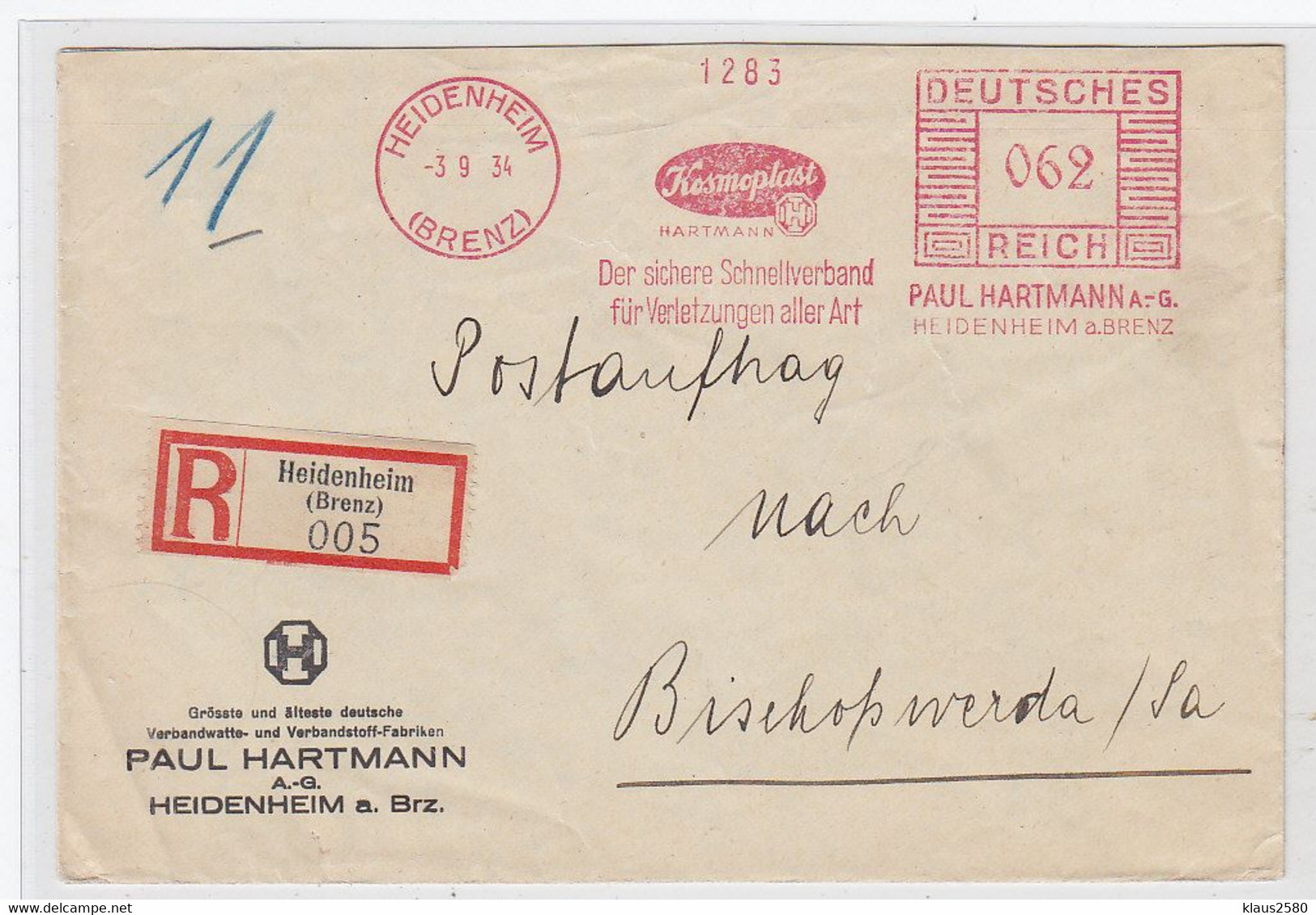 Deutsches Reich R-Postauftrag Der Fa.Paul Hartmann Verbandsstoffe Heidenheim Mit AFS AKs - Sonstige & Ohne Zuordnung