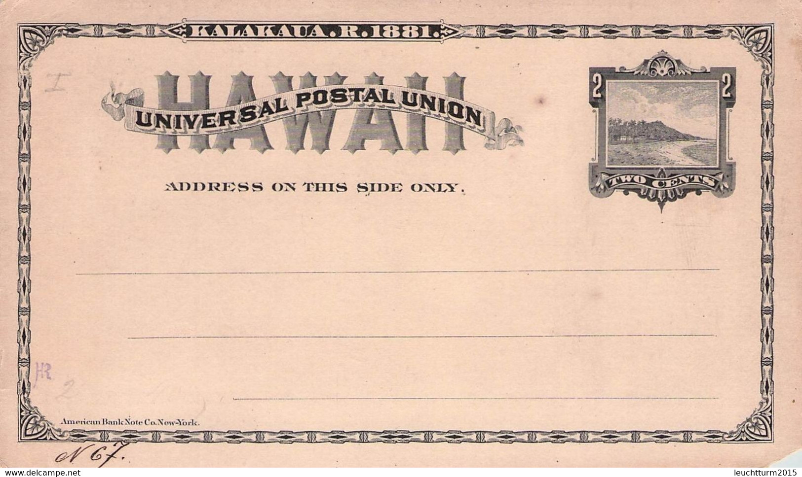 HAWAII - POSTCARD 2 CENTS (1893) Sc #UX6 /AS218* - Hawaï