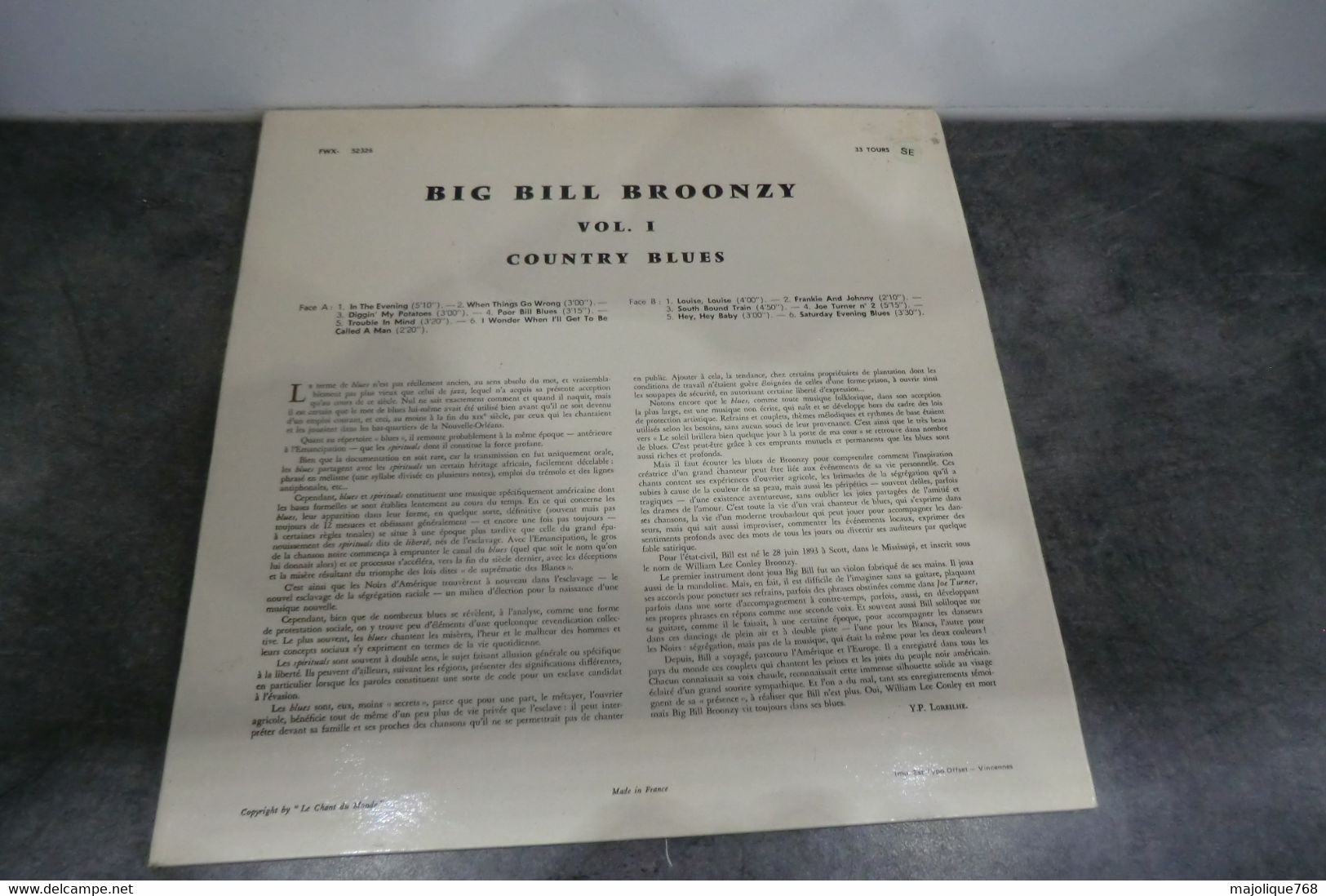 Disque De Big Bill Broonzy -  Big Bill Broonzy Sings Country Blues Vol.1 - Le Chant Du Monde FWX - 52326 - France - Blues
