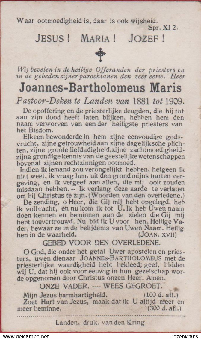 Priester Pastoor Joannes Maris Zonhoven Luik Zelk Tongeren Landen 1909 Doodsprentje Bidprentje - Devotion Images