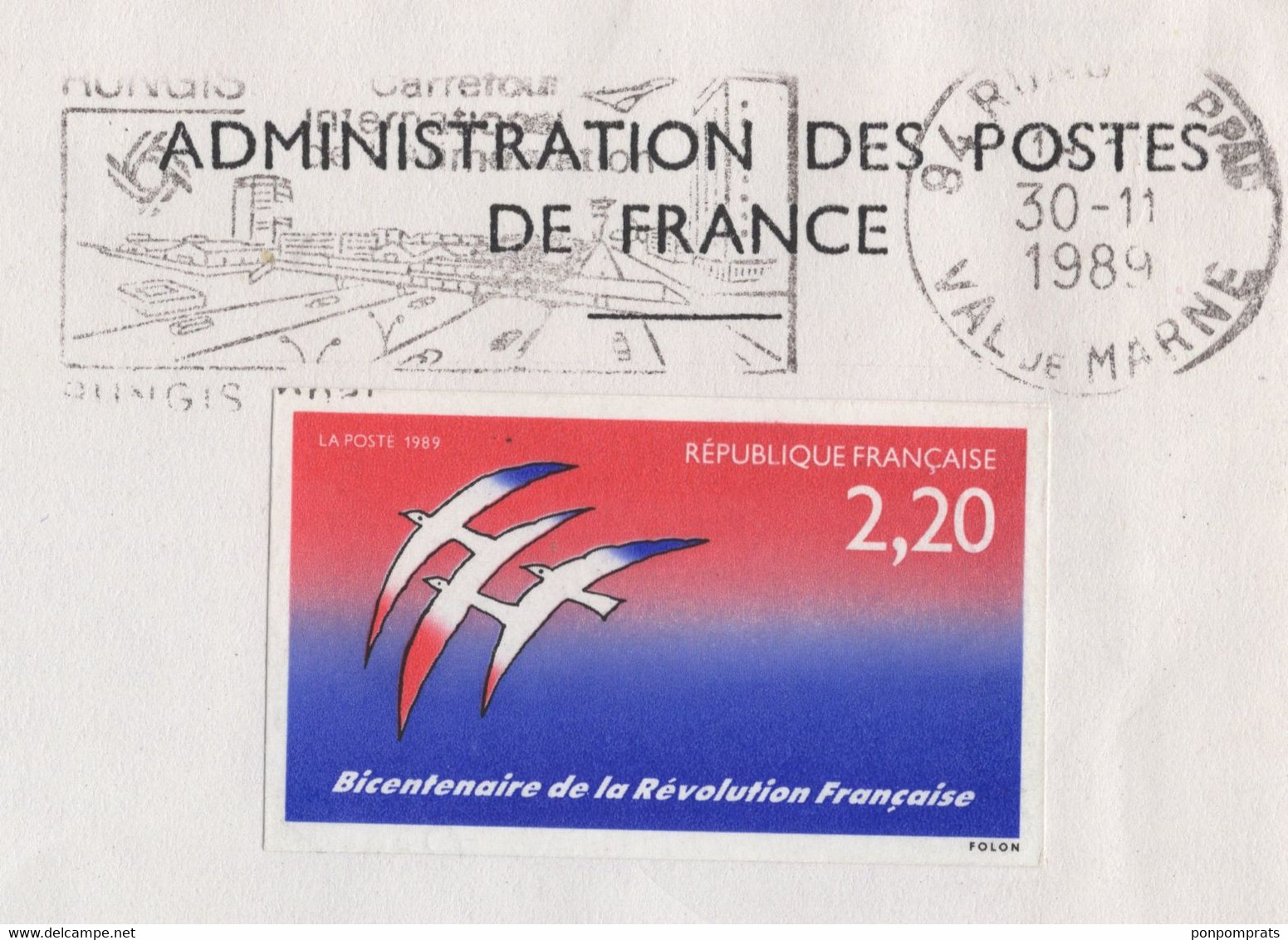 Enveloppe De L’Administration Des Postes Avec Le Timbre Du Bicentenaire De La Révolution De Folon Non Dentelé, Voyagée. - 1961-....